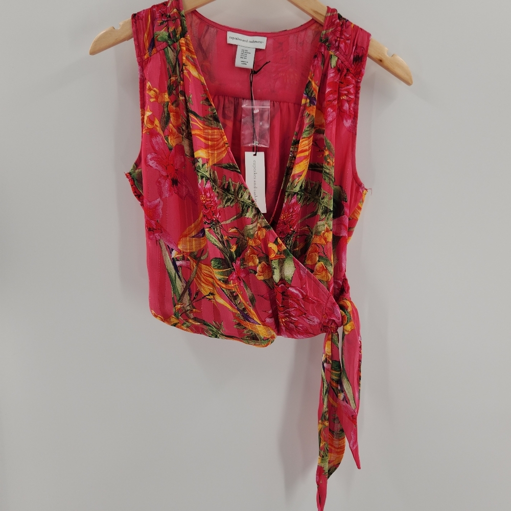 Cupcakes and Cashmere Hot Pink Tropical Floral Print Surplice Wrap Top XSmall
